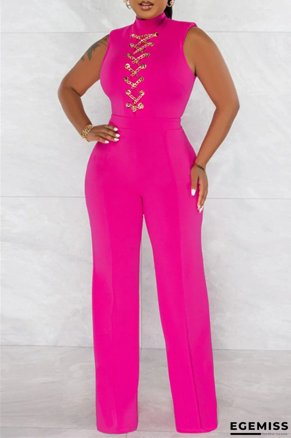Rose Red Fashion Casual Solid Patchwork Half A Turtleneck Regular Jumpsuits | EGEMISS