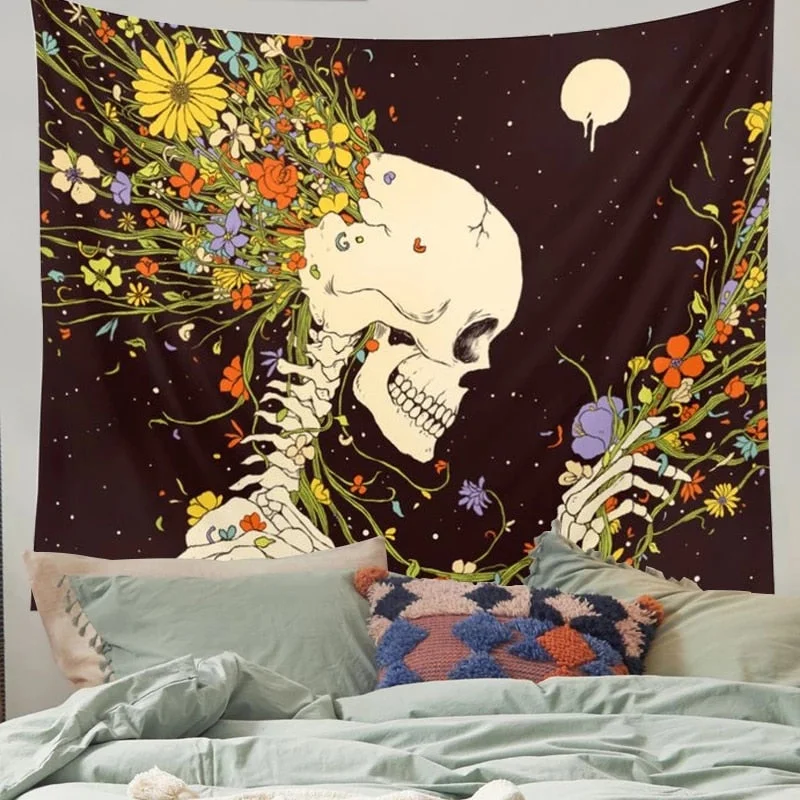 Skull Floral Tapestry in Flowers Moon Tapestry Mandala Carpet Hippie Divination Black Skull Witchcraft Wall Hanging Blanket