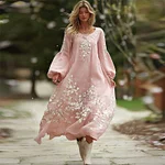 Women's Bohemian Cherry Blossom Pattern Casual Round Neck Long Sleeve Dress - Image 2