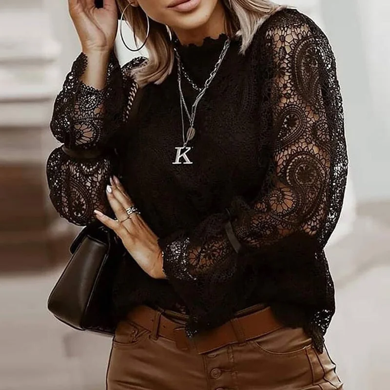 ABEBEY Women Solid Petal Sleeve Lace Blouse Shirt Office Ladies Stand Collar Patchwork Pullover Tops  Hollow Out Female Shirt Blusa