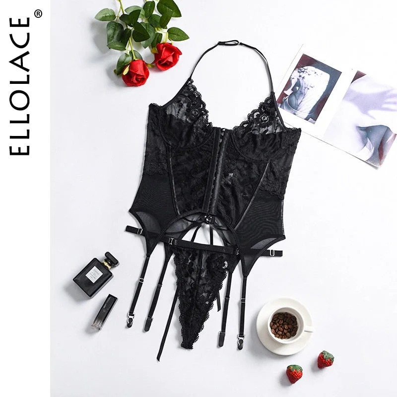 Ellolace Sexy Corset Waist Trainer Body Shaper Black Women's Underwear Lace Up Bustier and Corsets Top Thongs Modeling Strap