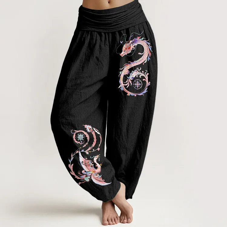Cotton Flying Dragon Phoenix Pattern Women's Elastic Waist Harem Pants