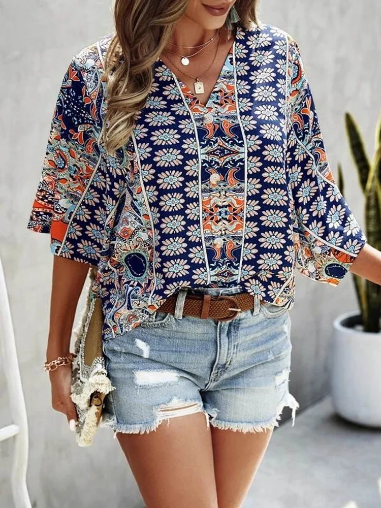 Boho Print Button V Neck Half Sleeve Blouse