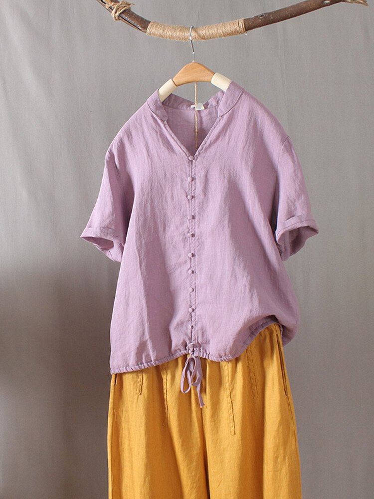 Solid Color V neck Short Sleeve Button Drawstring Blouse P1724659