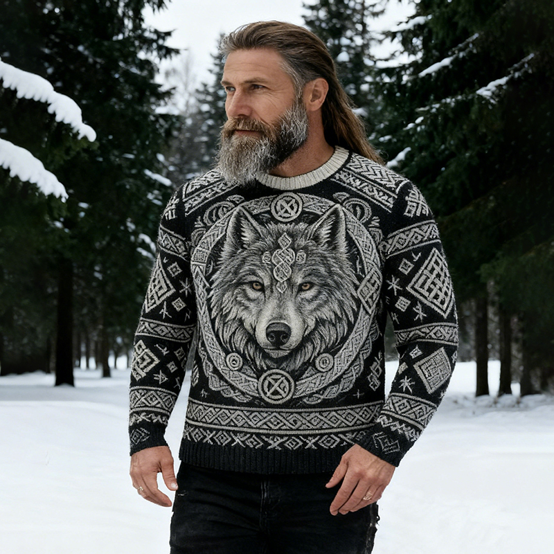 Christmas Viking Wolf Head Pattern Hoodie elevenforest