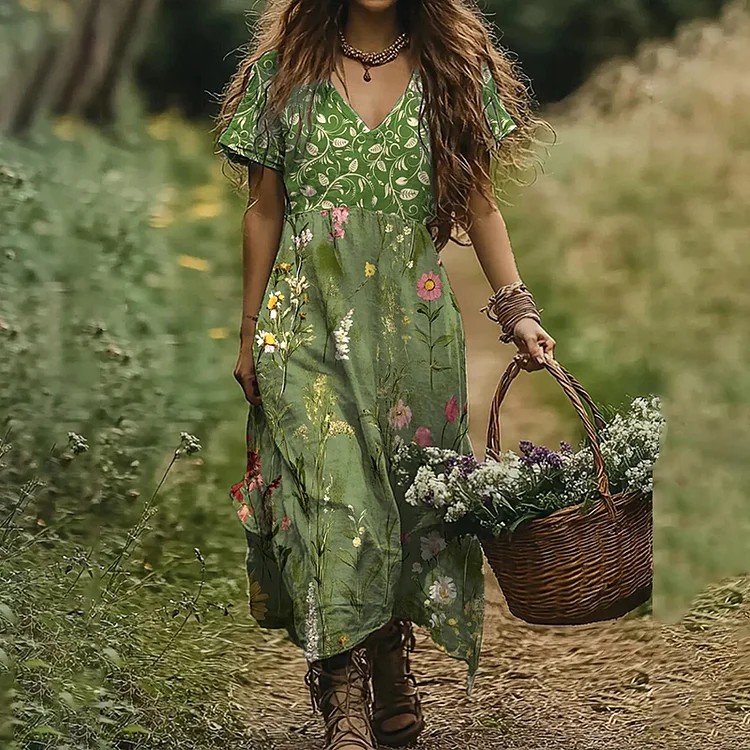 Women's Vintage Wildflower Art Linen V-neck Dress