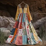 Women's Vintage Bohemian Patch Cotton And Linen Long Sleeve Dress - Image 2