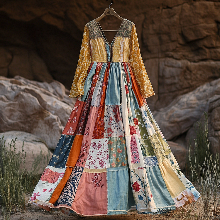 Simpfit Damen Vintage Bohemian Patch Langarmkleid aus Nachahmung aus Baumwolle und Leinen
