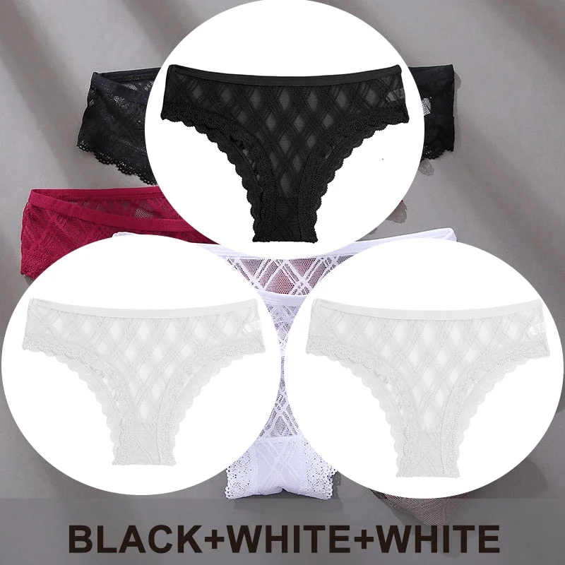 FINETOO 3PCS/Set Women's Panties Sexy Lace Lingerie Temptation Underwear Briefs Pespective Woman Thongs Mesh Underpants Female