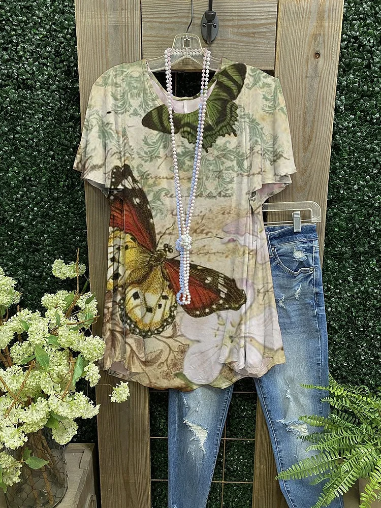Women's Retro Butterfly Casual Short Sleeve-Mayoulove
