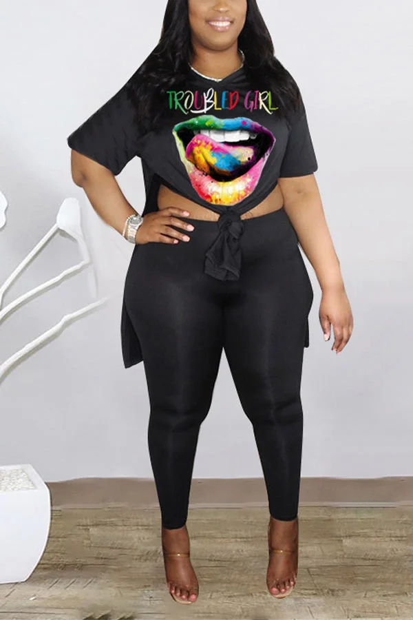 Casual Colorful Lips Print Loose T-shirt Pants Set