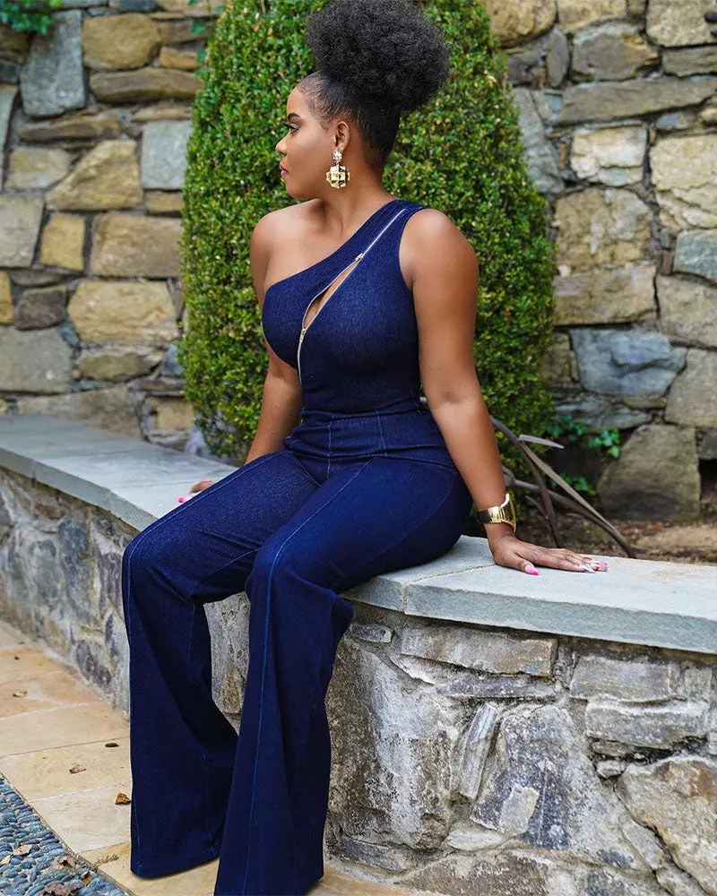 Sleeveless Paneled Zipper Denim Jumpsuit main image 0