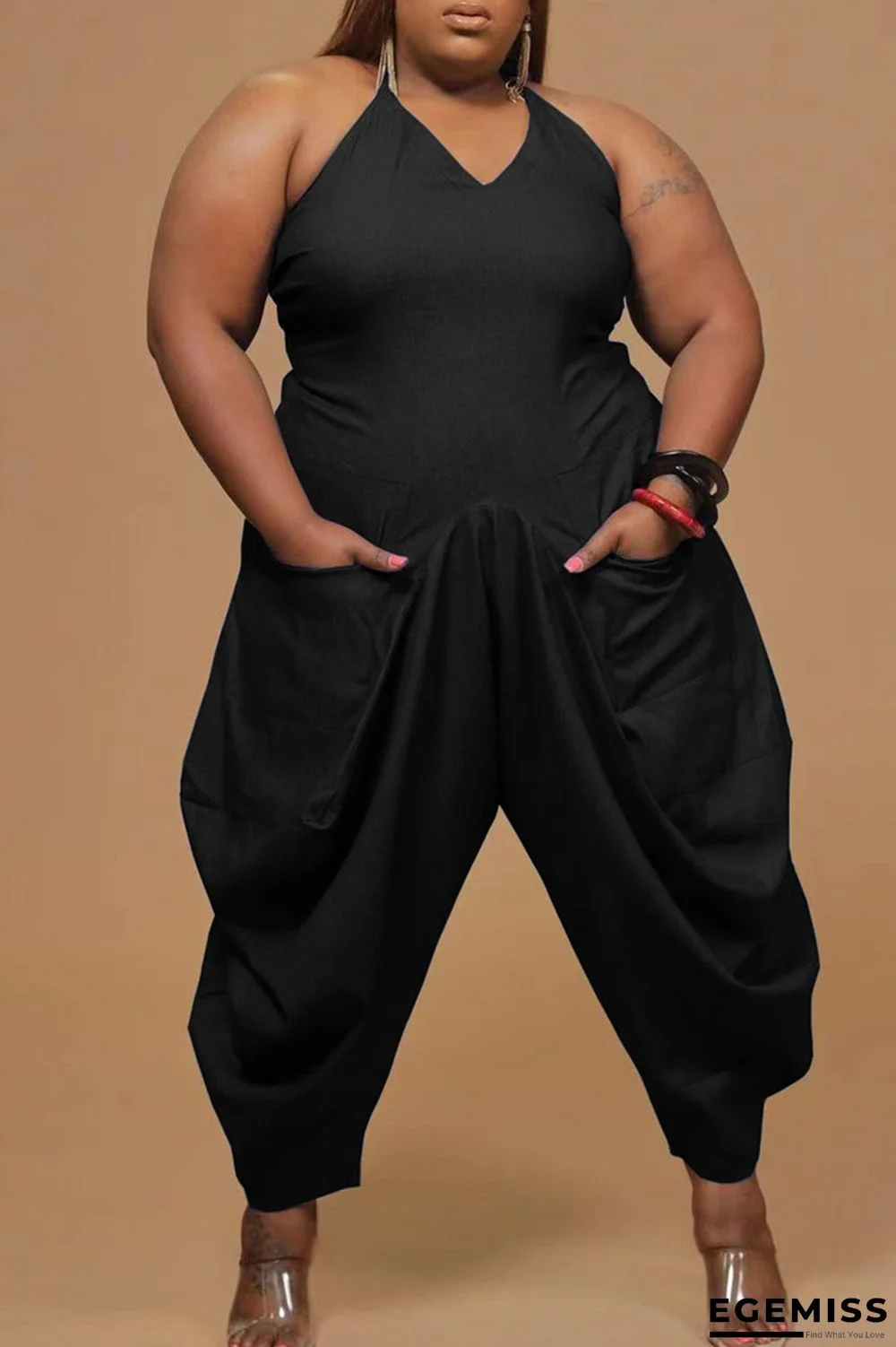 Black Fashion Casual Solid Backless V Neck Plus Size Jumpsuits | EGEMISS