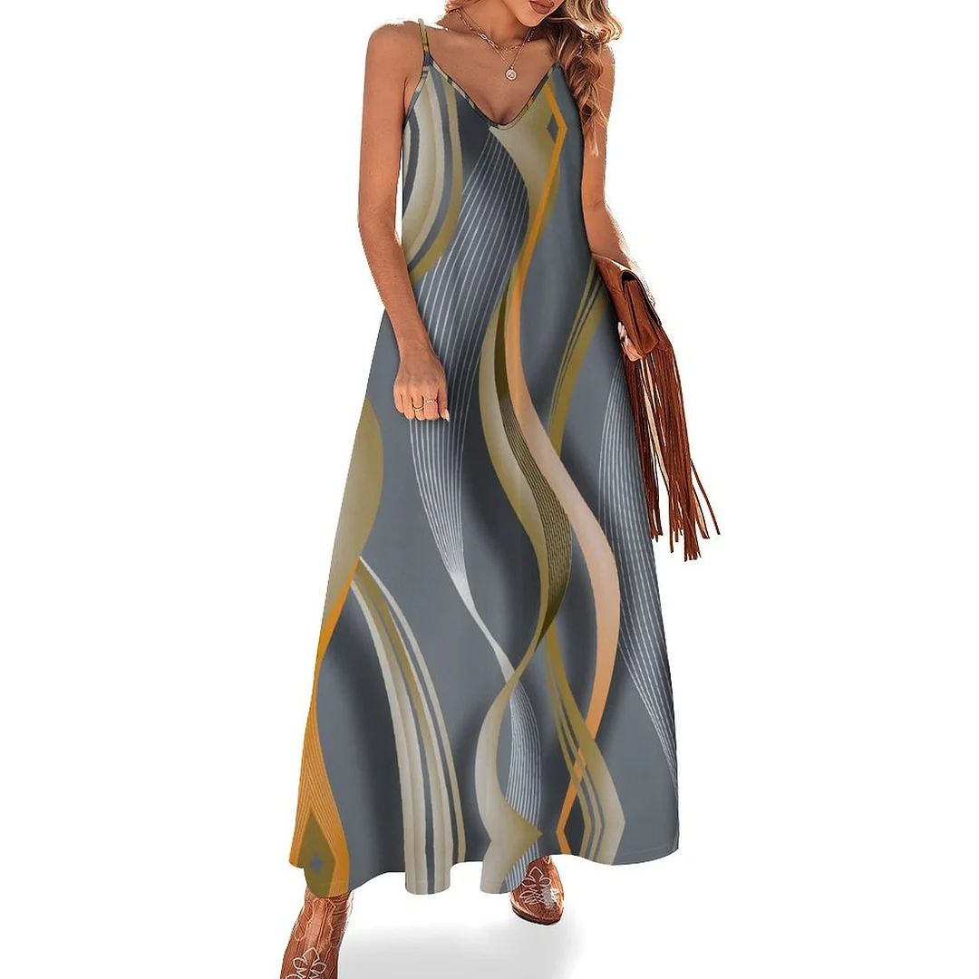 Style & Comfort for Mature Women Plus Size Printed Sling Casual Women Maxi Dress in Pattern Texture, Gray, Apricot