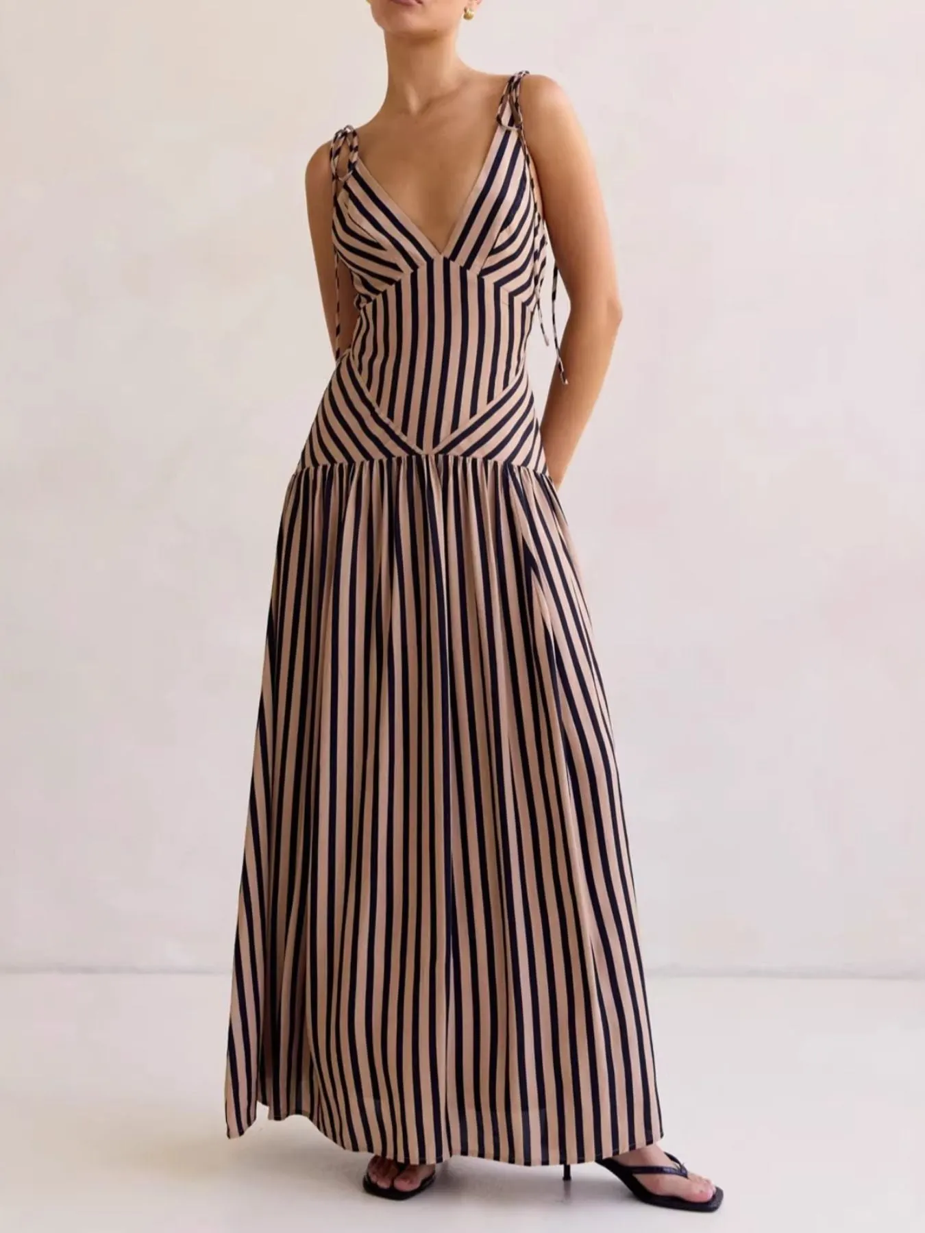 Striped V-Neck Tie-Shoulder Maxi Dress mysite idetrend