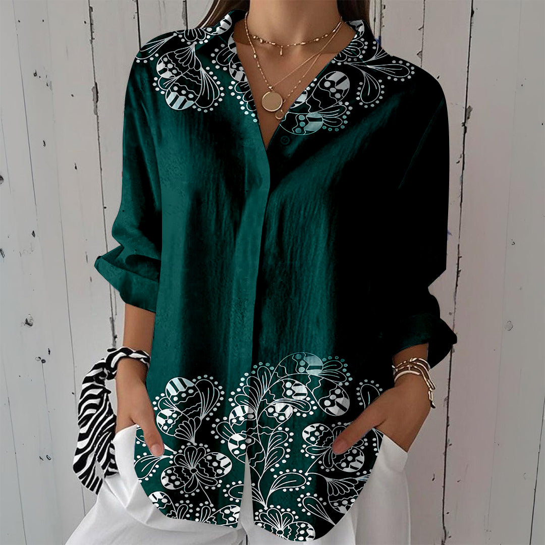 Women Long Sleeve V-neck Graphic Floral Printed Top