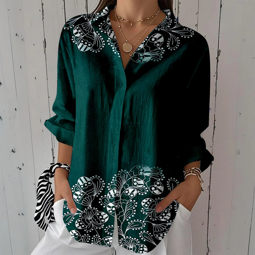 Style & Comfort for Mature Women Women Floral, Green DZCL0453 3/4 Sleeve Shirt Collar Printed Button Tops