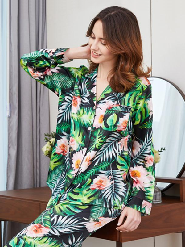 19 Momme Green Palm Printed Silk Pajamas-Real Silk Life
