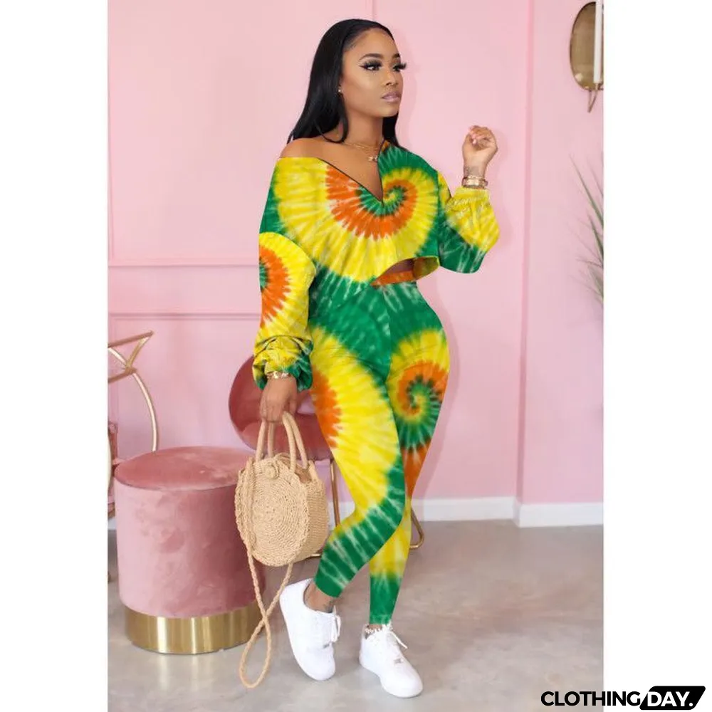 Casual Printed Long Sleeve Two Piece Pants Set