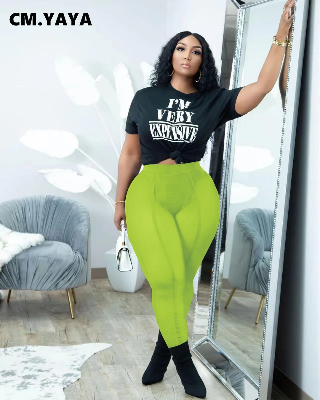 CM.YAYA Yoga Women 2pcs Set Letter T-shirt and Mesh See Though Leggings Set Sweatsuit Tracksuit Two Piece Set Fitness Outfit