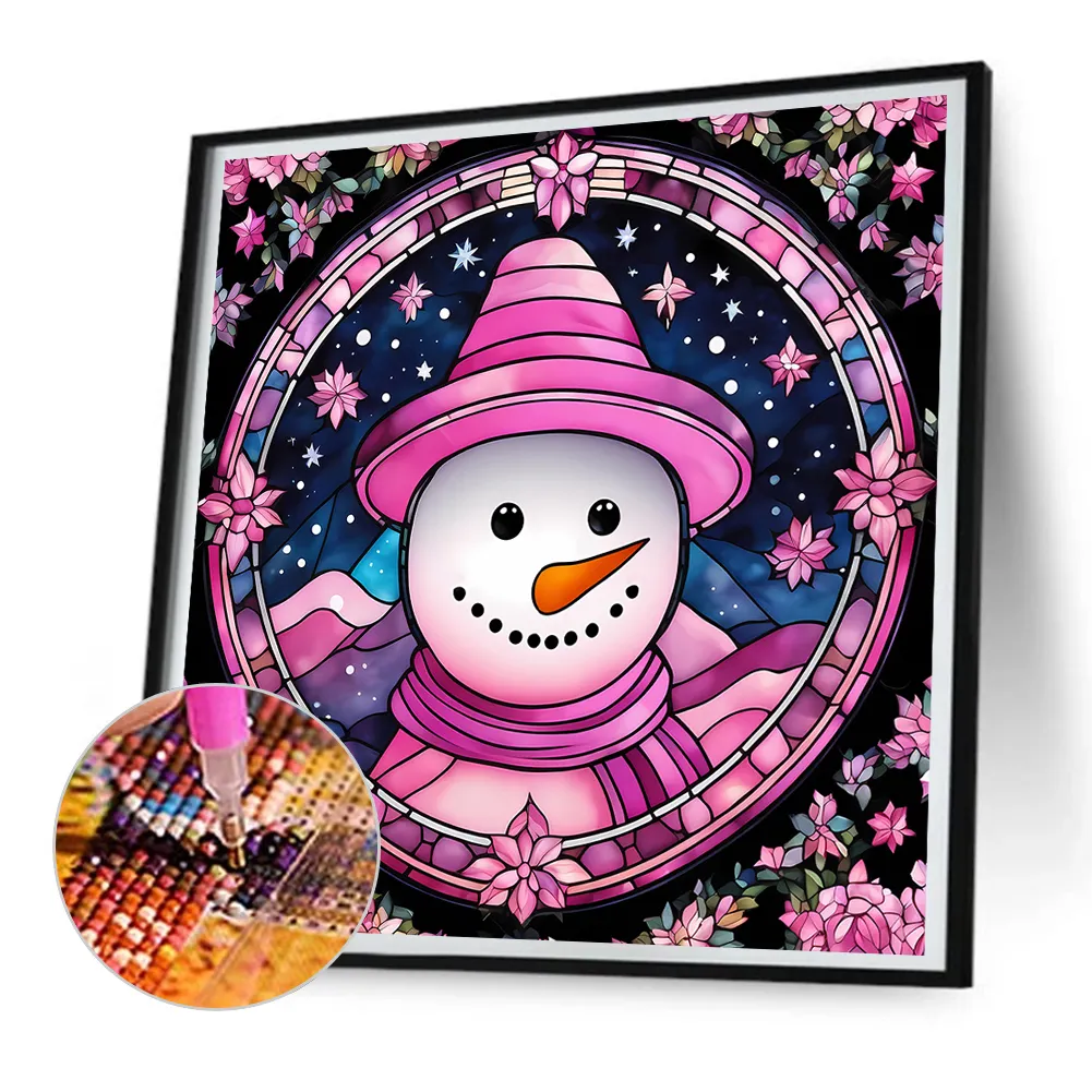 Full Round Diamond Painting 30*30cm - Pink Snowman Glass Painting