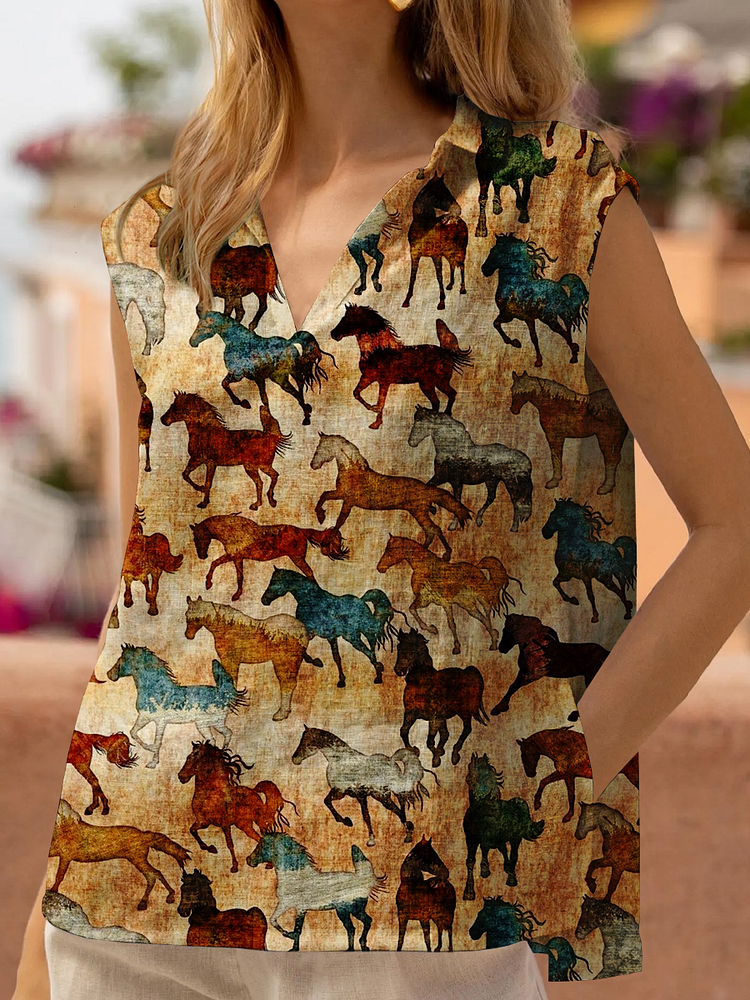 Horse Art Print Cotton and Linen Tops