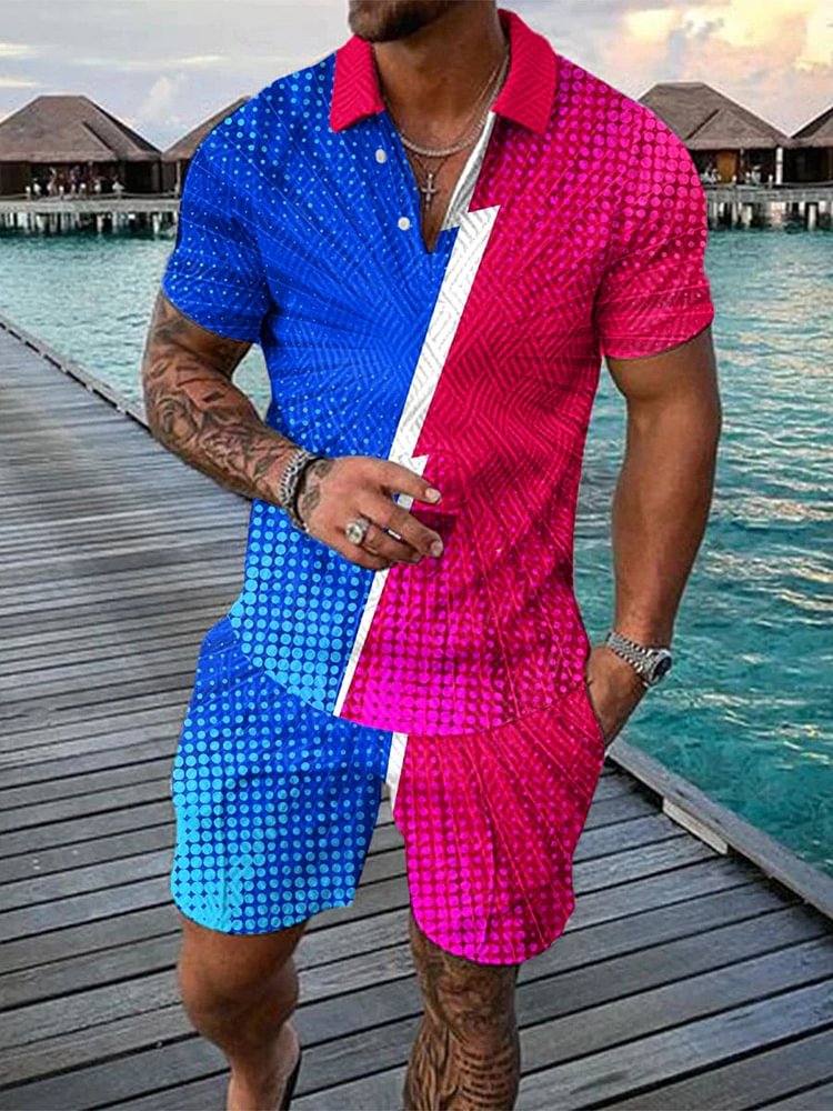 Men's Holiday Art Polka Dot Printing Polo Contrast Color Suit