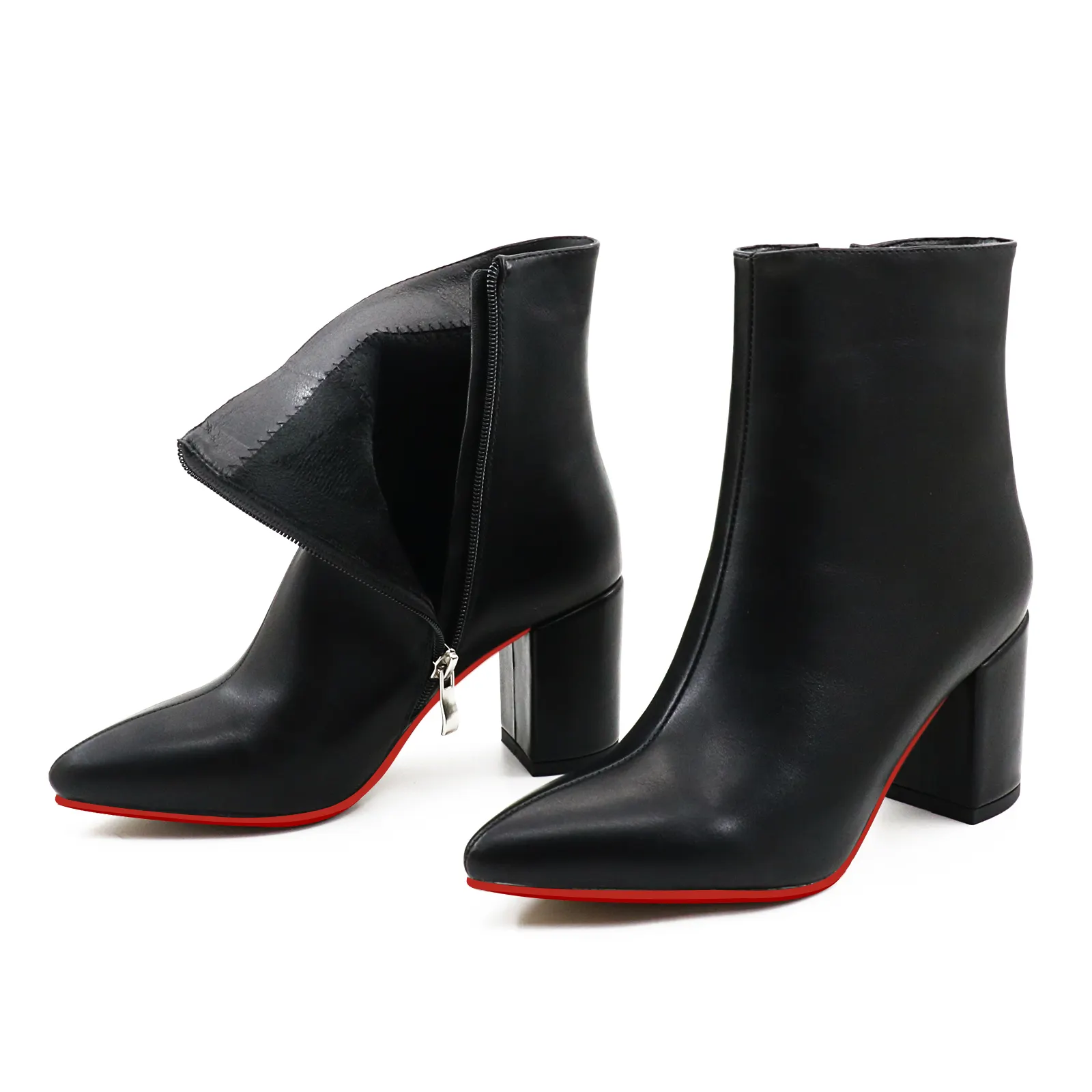 75mm Women's Zipper Pointed Toe Red Bottom Chunky Heel Ankle Boots-vocosishoes