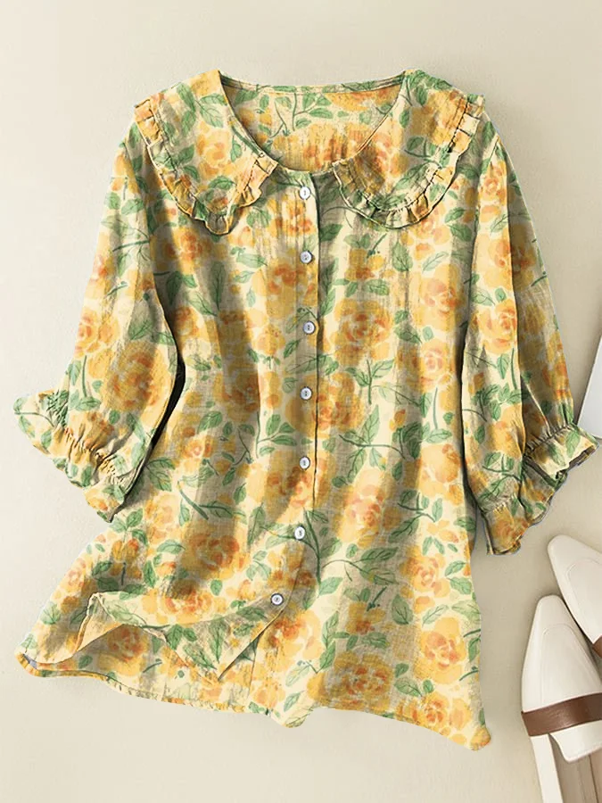 Vintage Floral Cotton and Linen Peter Pan Ruffle Collar Shirt