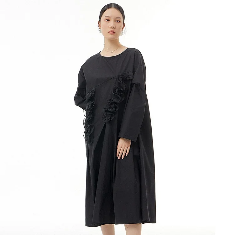 Design Loose O-neck Three-dimensional Ruffle Decor Splicing Folds Pockets Long Sleeve Dress