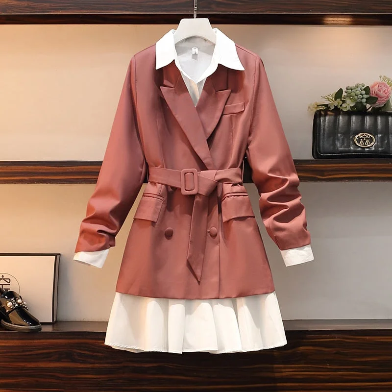 Large size dress suit female 2022 spring and autumn new fashion lace pink casual suit mid-length pleated dress two-piece suit