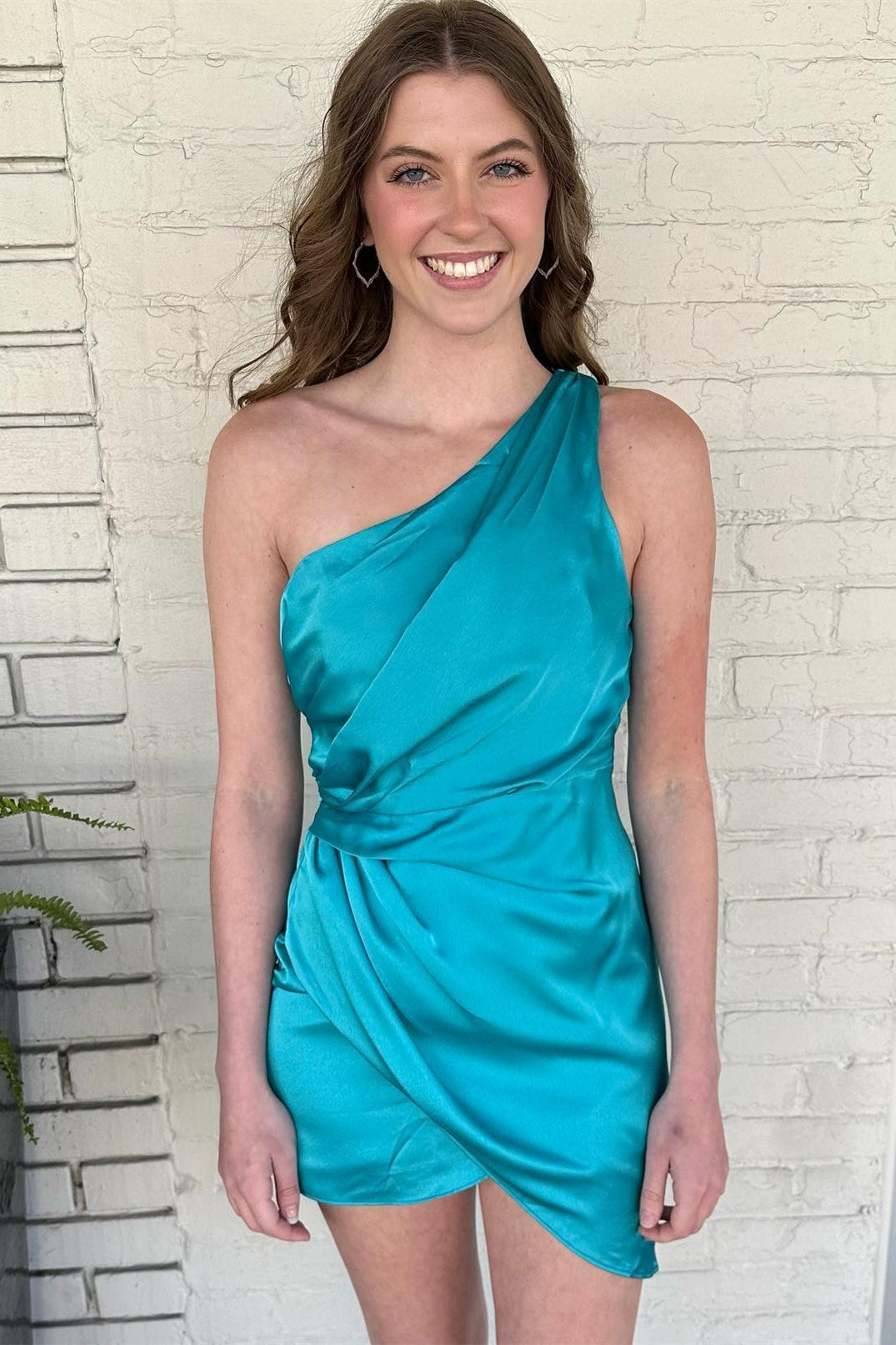 Bellasprom Jade Faux-Wrap One Shoulder Satin Homecoming Dress Bellasprom