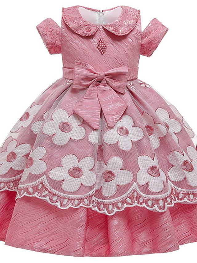Oknass Ball Gown Short Sleeve Jewel Neck Flower Girl Dresses Mikado With Lace  Beading  Embroidery