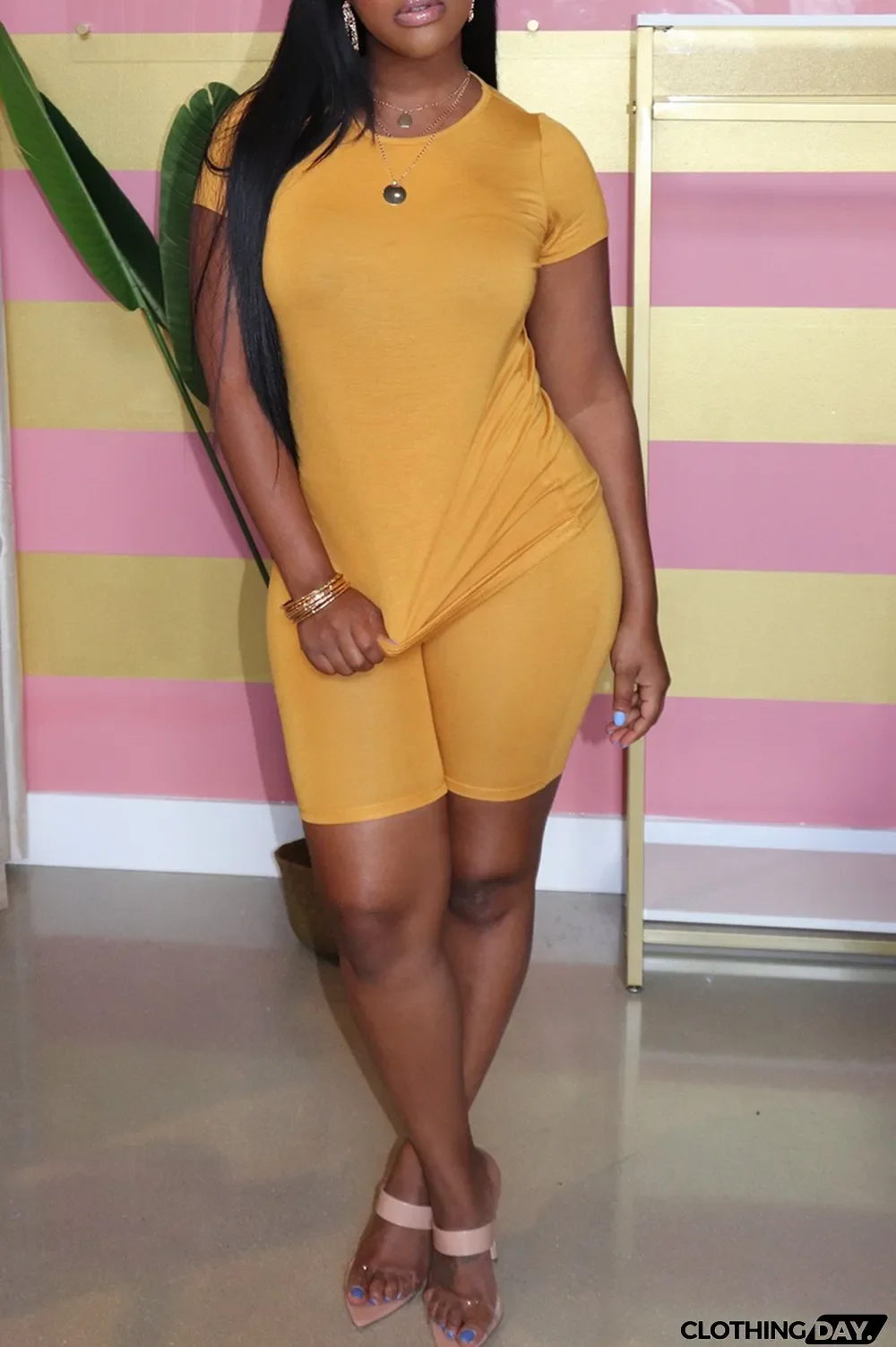 Yellow Casual Print Split Joint O Neck Short Sleeve Two Pieces