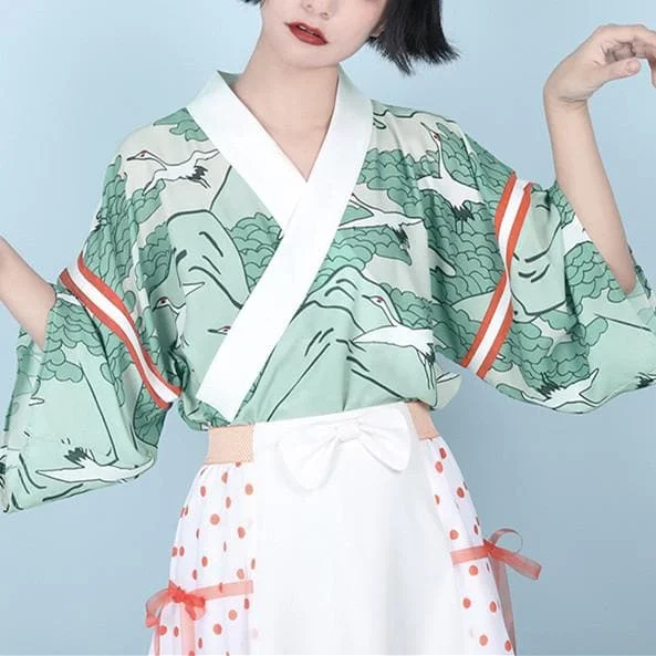 Green Red-Crowned Crane Laced Kimono Coat SP13700