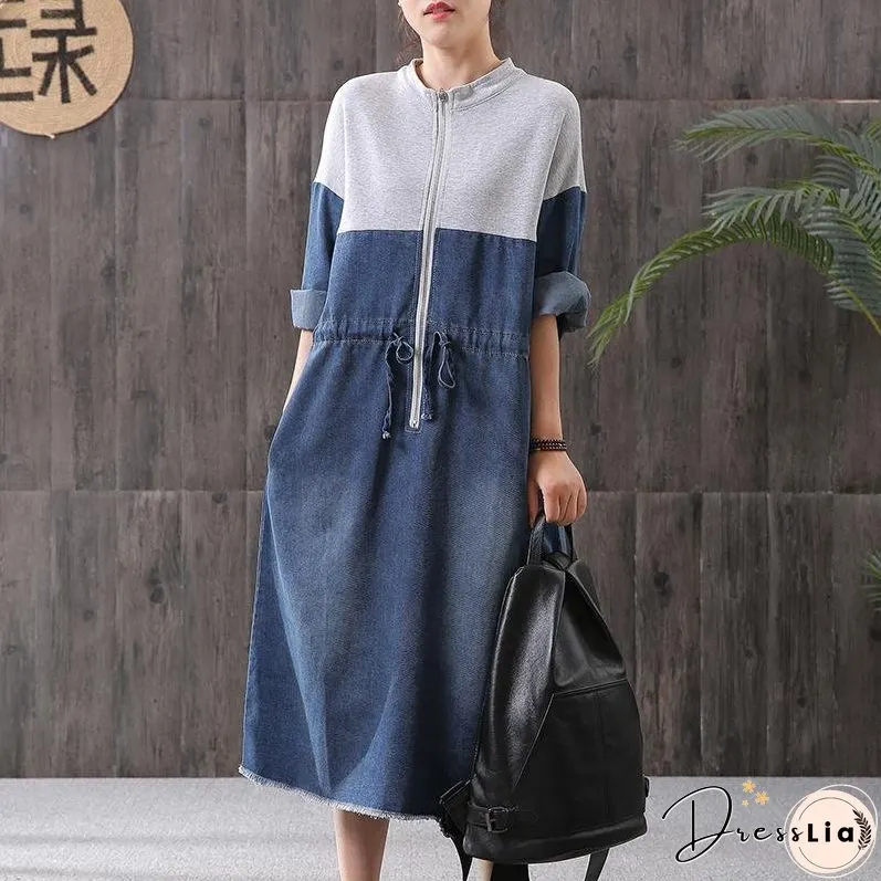 Women denim blue stand collar zippered oversized Dress