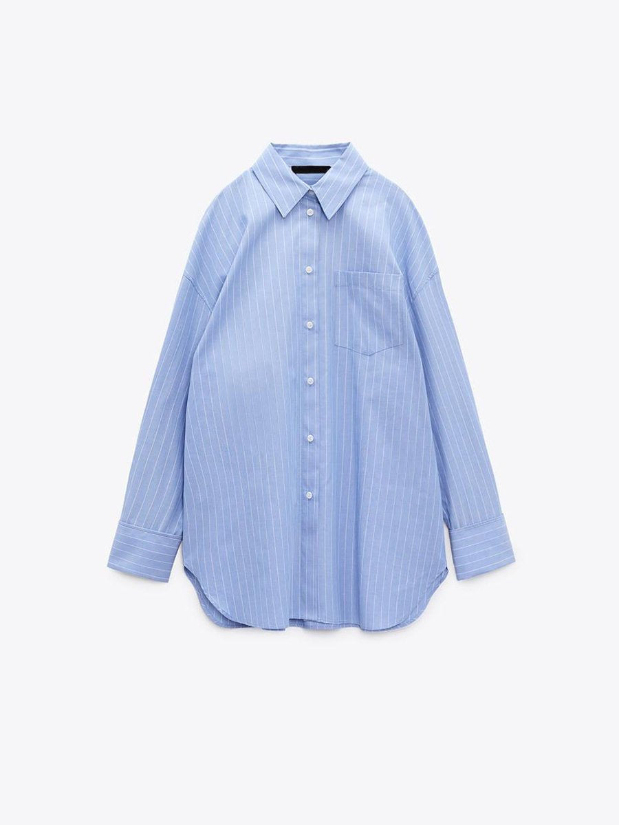 Turndown Collar Striped Loose Blouses