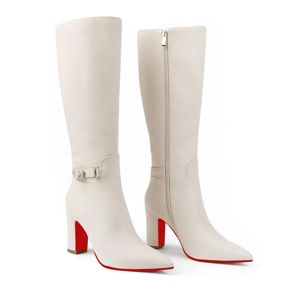 85mm/3.35 inch Women's red bottom matte high heel pointed toe buckle style casual zipper knee high boots-vocosishoes