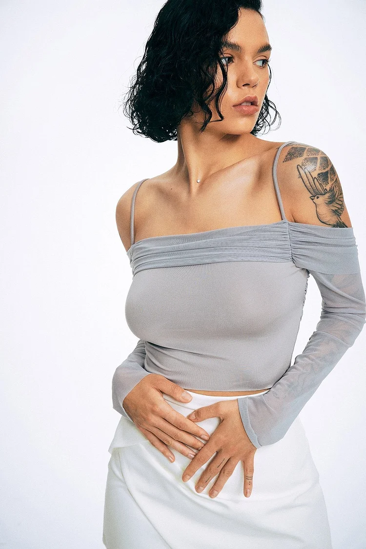 Mesh Ruched Cold Shoulder Long Sleeve Top