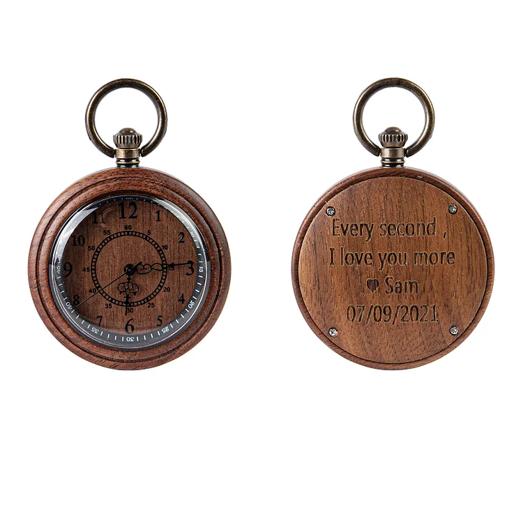 Reloj de bolsillo de madera con 1 texto personalizado con caja