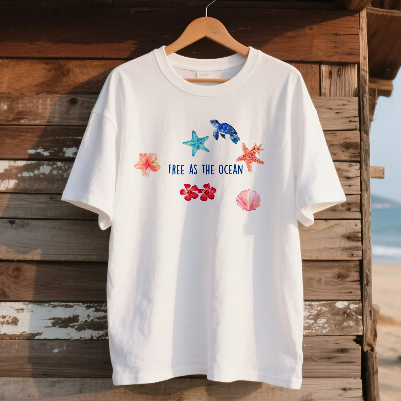 Loose And Comfortable Cotton Free As The Ocean Printed T-shirt