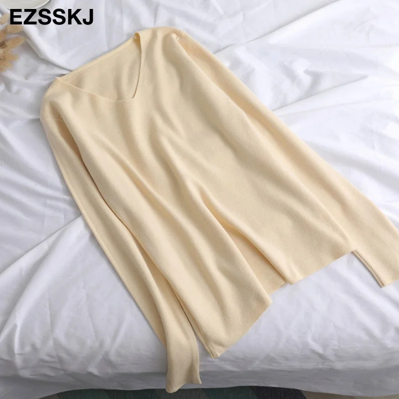 chic casual Autumn Winter Basic  v-neck Sweater pullovers Women 2021 loose Knit  Pullover female Long Sleeve Khaki Sweater