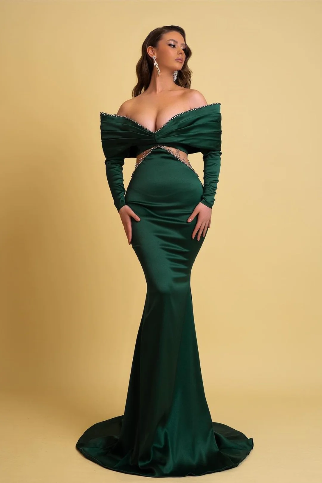 Lisliy Emerald Green Prom Dress Off-the-shoulder Charmeuse V Neck Mermaid 