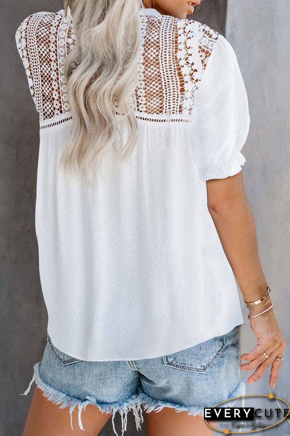 White V Neck Lace Crochet Short Sleeve Shirt