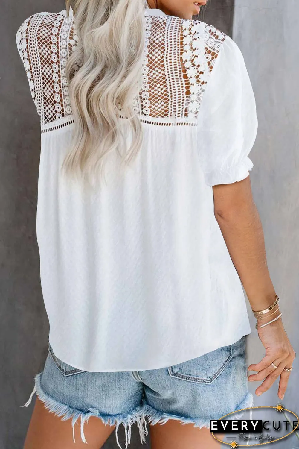 White V Neck Lace Crochet Short Sleeve Shirt