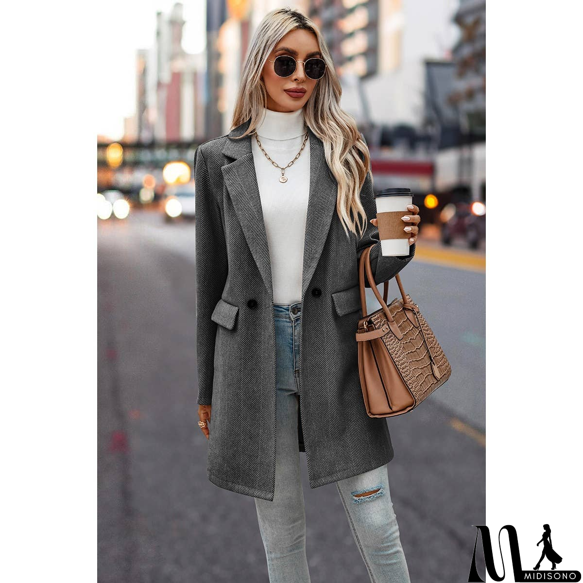 MidiSono - Button Front Open Solid Pockets Fit Blazer