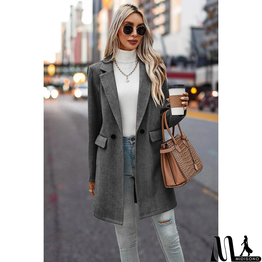 MidiSono - Button Front Open Solid Pockets Fit Blazer