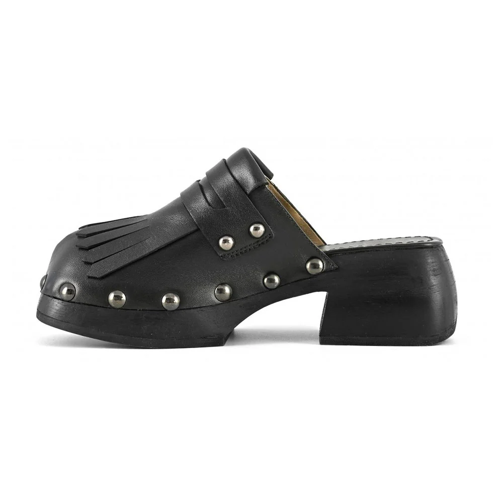 Black Round Toe Chunky Heel Platform Fringe Mules Shoes with Studded