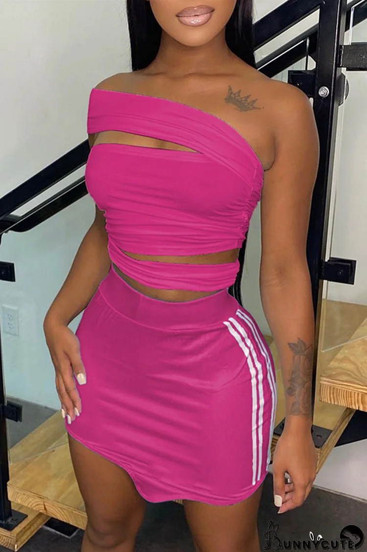 Rose Red Fashion Sexy Solid Split Joint Backless Strapless Sleeveless Two Pieces