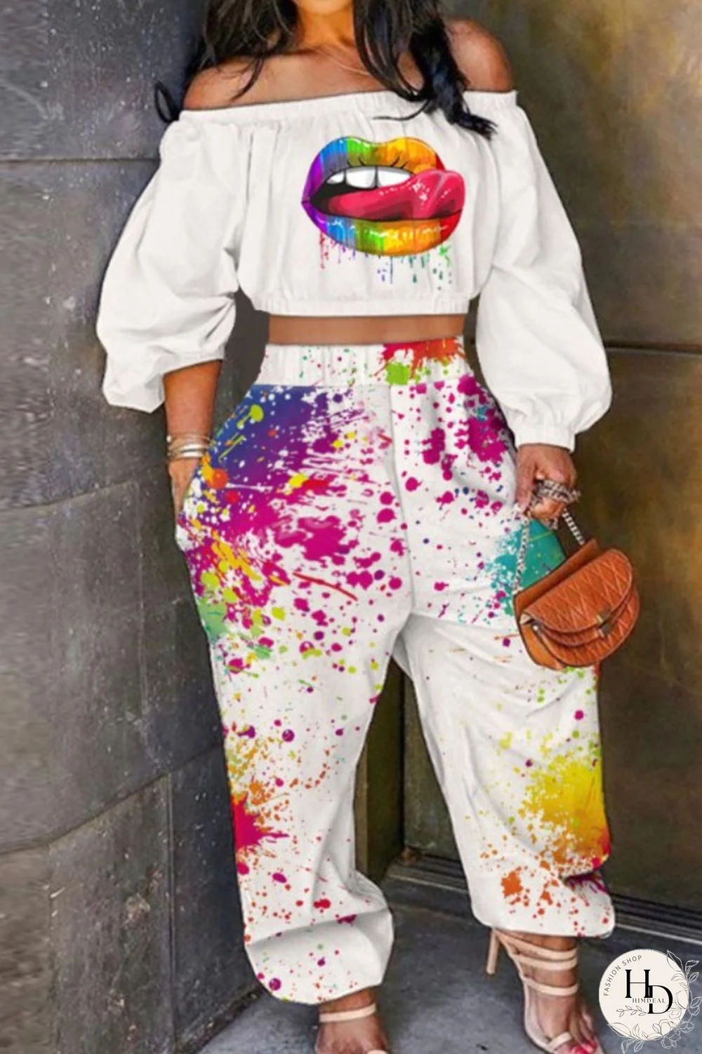 White Casual Print Split Joint Off the Shoulder Long Sleeve Two Pieces